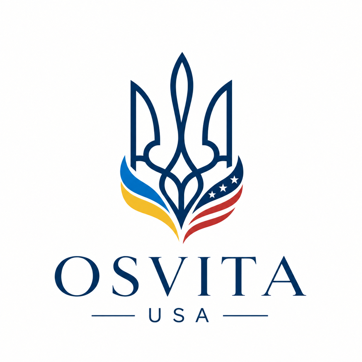 Osvita USA logo combining the Ukrainian Tryzub with Ukrainian and American elements
